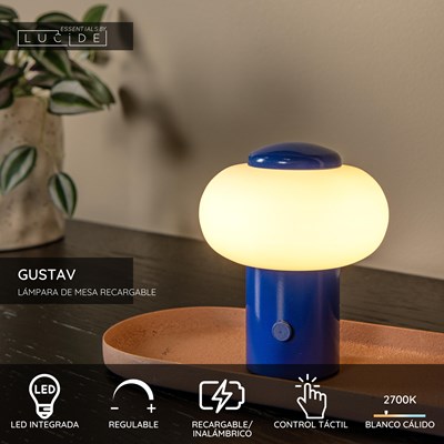 Lucide GUSTAV - Lámpara de mesa Recargable - Batería/acumulador - Ø 8 cm - LED Regul. - 1x0,8W 2700K - Azul | Essential